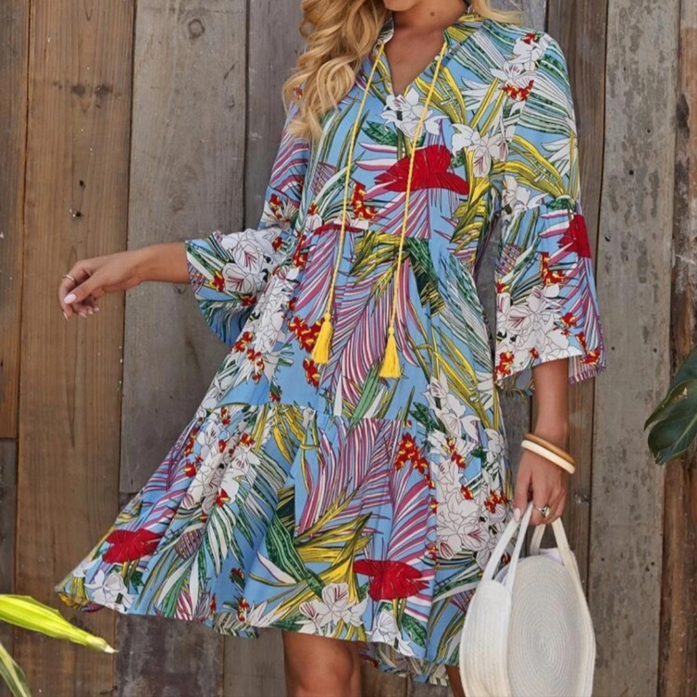 Floral Print Midi Dress - Multicolor Tropical xxL